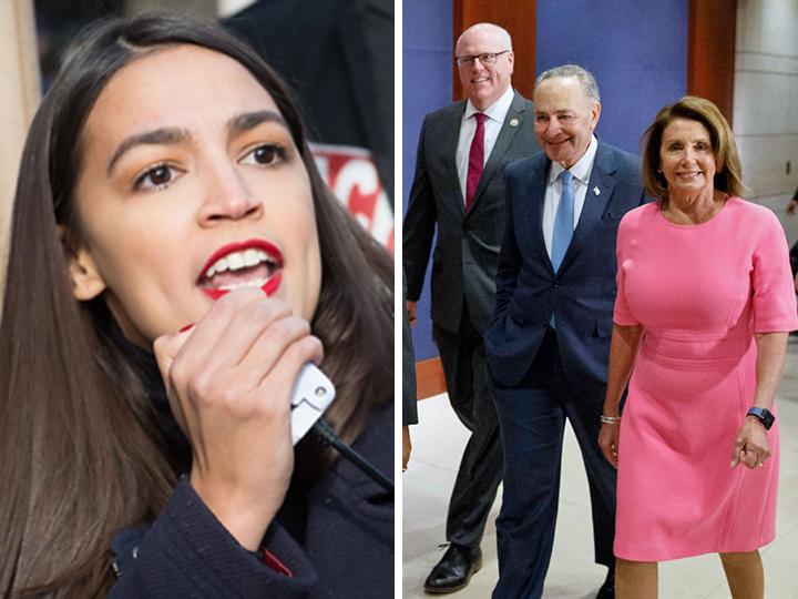 Left: Alexandria Ocasio-Cortez; right: Democratic leaders in Congress, with Rep. Joe Crowley (at left)