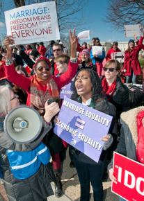 Marriage equality supporters rally outside the US supreme court building