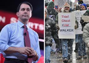 Wisconsin Gov. Scott Walker alongside a protest during the Wisconsin uprising