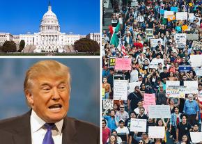 Clockwise from top left: U.S. Capitol building; Los Angeles protest; and Donald Trump